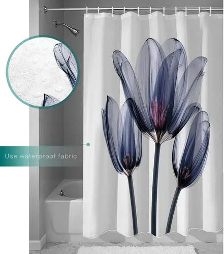 Miniatura 5 de Cortina de ducha, fotografía abstracta de tulipanes de flores azules transparentes, juego de cortina de ducha de tela impermeable con 12 ganchos
