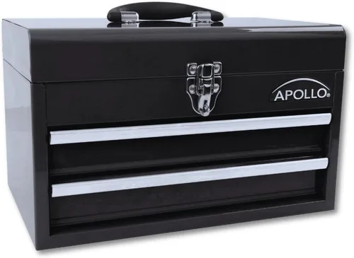 Apollo Tools - Caja de herramientas de acero de 14 pulgadas con compartimento superior profundo y 2 cajones de acero resistente con apertura de Negro