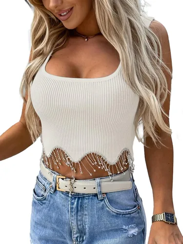 Miniatura 3 de LYANER Camiseta sin mangas con flecos de diamantes de imitación para mujer, cuello cuadrado, sin mangas