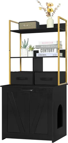 Miniatura 16 de Dwanton Caja de arena con 2 estantes de almacenamiento y 2 cajones, caja de arena oculta 2 en 1 para gatos con estante, entrada reversible, cajones