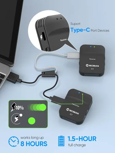 Miniatura 5 de Moman Micrófono de solapa inalámbrico, sistema de micrófono de solapa inalámbrico compacto de 2.4 GHz con transmisión de cancelación de ruido