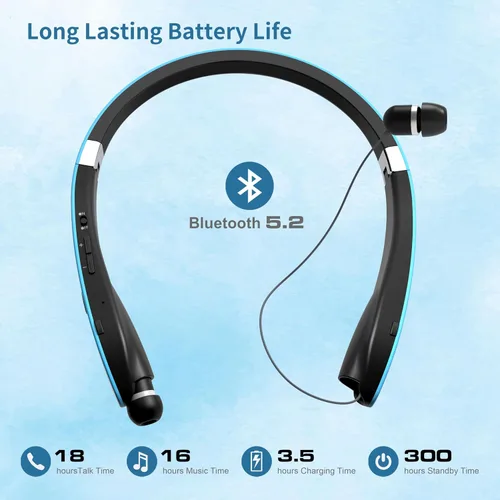 Miniatura 3 de Auriculares Bluetooth con banda para el cuello, auriculares inalámbricos ligeros plegables con auriculares retráctiles, cancelación de ruido, Azul