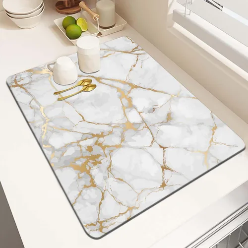 Miniatura 13 de MCALK Tapete de secado de platos negro mármol para encimera de cocina, almohadilla de secado de platos dorada con base de goma antideslizante