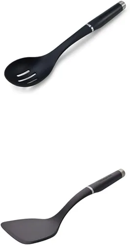 KitchenAid KO004OHOBA Gourmet - Cuchara ranurada de nailon, talla única, color negro y KitchenAid KE001OHOBA - Tornero sólido clásico, talla única,