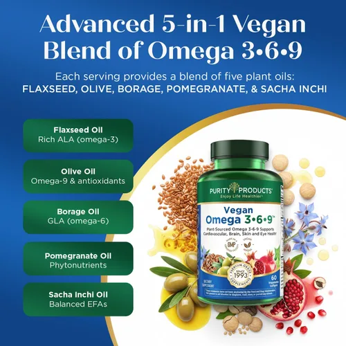 Miniatura 5 de Purity Products Omega 3-6-9 Fórmula Vegana y Vegetariana - Complejo de Ácidos Grasos Esenciales “5 en 1” - Ácidos Grasos Esenciales Omega 3 6 9