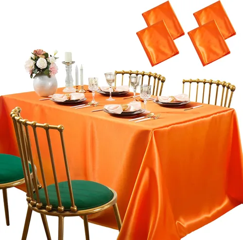 Miniatura 11 de SiinvdaBZX Paquete de 4 manteles de satén dorado de 108 x 54 pulgadas, manteles de comedor suaves y brillantes para mesa rectangular de 6 pies