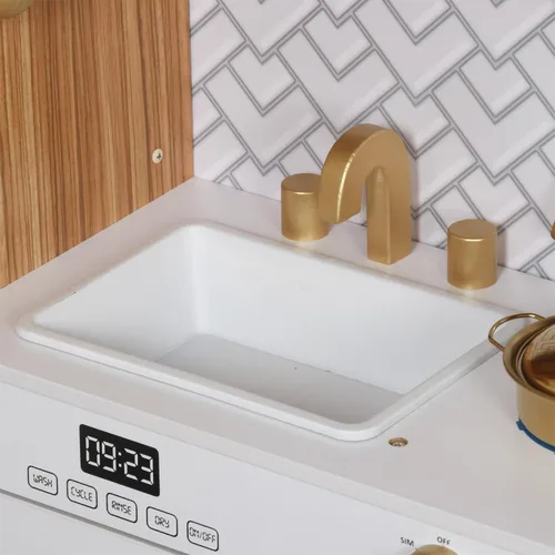Miniatura 5 de Conjunto de Juguete de Cocina de Madera con Luz, Juego de Cocina de Pretensión para Niños, Juego de Cocina de Juguete con Fregadero, Horno