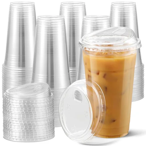AOZITA 100 unidades de vasos desechables de plástico de 24 oz con tapas sin pajita, vasos de plástico transparentes para café helado, ideales para