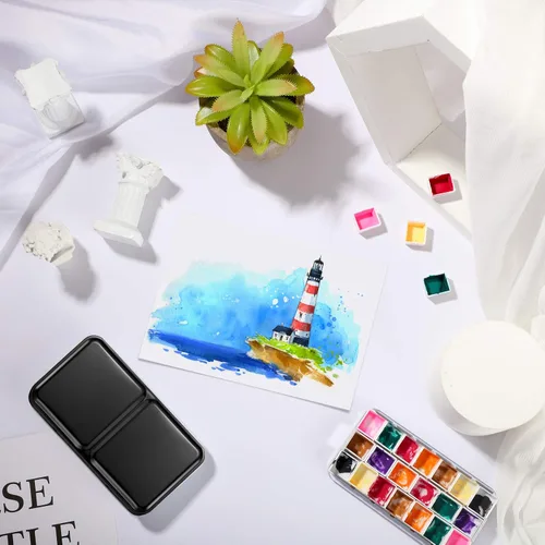 Miniatura 7 de Zonon Juego de 51 paletas de pintura de acuarela y medias sartenes, caja de lata de acuarela, caja de pintura de paleta de metal con tapa vacía