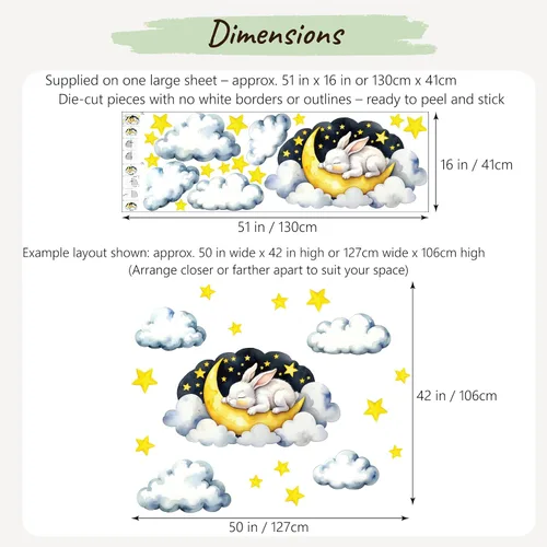 Miniatura 3 de Calcomanía de pared extraíble – Conejito dormido en la nube con luna y estrellas Juego de calcomanías de tela grande para guardería o habitación