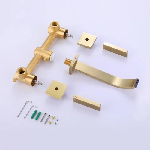 Miniatura 6 de RBROHANT RB0997 - Grifo de baño de latón cepillado para montaje en pared, 2 asas, montaje en pared, válvula empotrada incluida, RB0997 Oro cepillado
