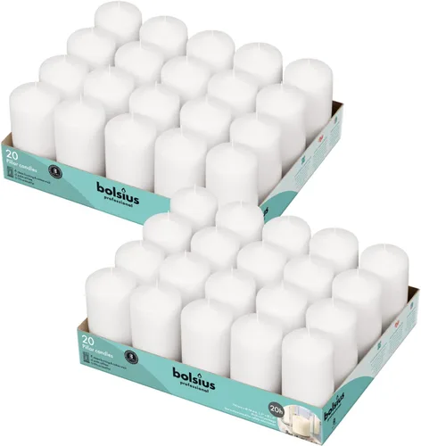 BOLSIUS Velas de pilar blanco – 2 x 4 pulgadas – 2 paquetes = total de 40 velas – más de 20 horas – Calidad europea premium – Llama constante sin
