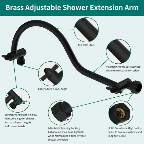 Miniatura 2 de Brazo de extensión de cabezal de ducha curvado ajustable de latón macizo de 16 pulgadas, brazo de ducha flexible de altura y ángulo con juntas
