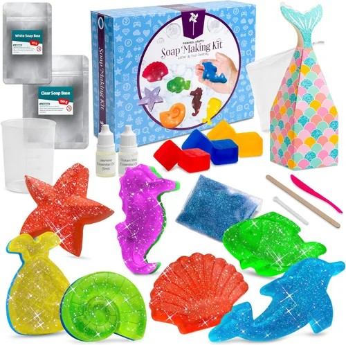 Kit de fabricación de jabón DIY de Pinwheel Crafts para niños de 5, 6, 7, 8-12+ años con moldes, aromas, colorantes, brillo, red espumante - Kits de