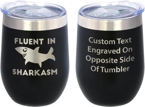 Personalizado Fluido en Sharkasm - Vaso Tumbler de Vino Personalizado de Tiburón Divertido con Tapa Deslizante - Taza Aislada de Acero Inoxidable -