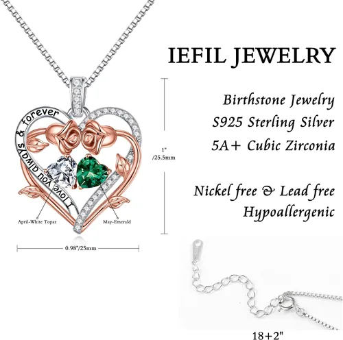 Miniatura 5 de Iefil Rose Heart Double Birthstone Necklace Gifts for Wife Girlfriend Her Women, Birthstone Jewelry Gemstone Birthday Gifts for Mom Grandma Her Wife