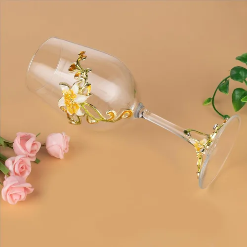 Miniatura 3 de Simcat Copa de Vino de Esmalte Pintada a Mano Transparente con Flores, Pie para Cabernet, Regalos (Doble caja de regalo amarilla, 2 Cajas de Regalo)