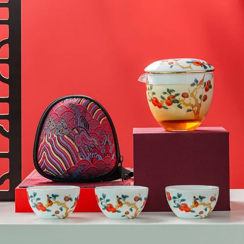 Juego de té de cerámica portátil, juego de tetera de porcelana china de kungfu, tetera todo en uno, colador de té, 3 tazas de té, 1 bolsa de Naranja