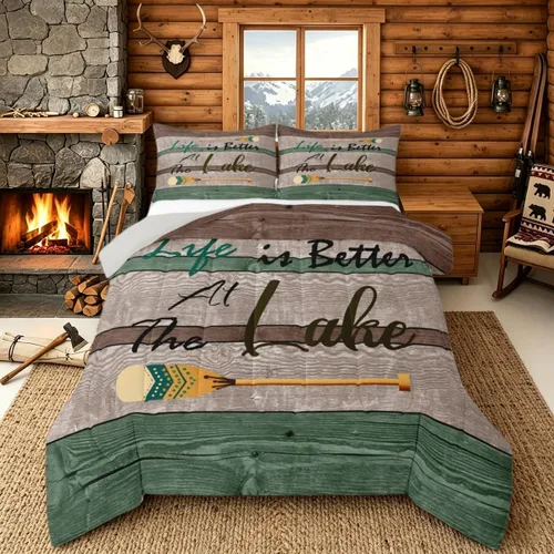 Miniatura 20 de Juego de ropa de cama King para casa del lago, juego de edredón de paleta de madera retro para regalos para amantes del lago, inserto de edredón