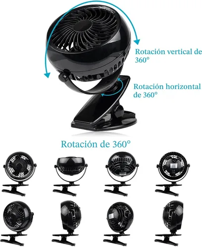 Miniatura 3 de Gazeled Ventilador de clip a batería, rotación de 360°, con 8 pilas AA gratis, ventilador silencioso USB o a batería, ventilador de clip portátil