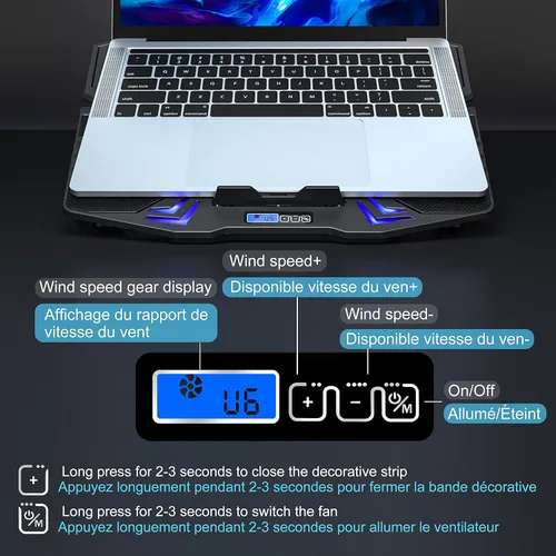 Miniatura 5 de TopMate refrigerador para laptop gamer de 12-15.6 pulgadas, cinco ventiladores silenciosos y pantalla LCD, fuerte velocidad de viento de 2500 RPM