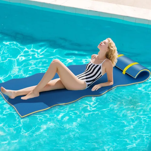 Miniatura 8 de GYMAX Alfombrilla de agua flotante, hamaca gruesa de espuma de natación con diseño de almohada rodante, colchón portátil de balsa de agua de 3 capas