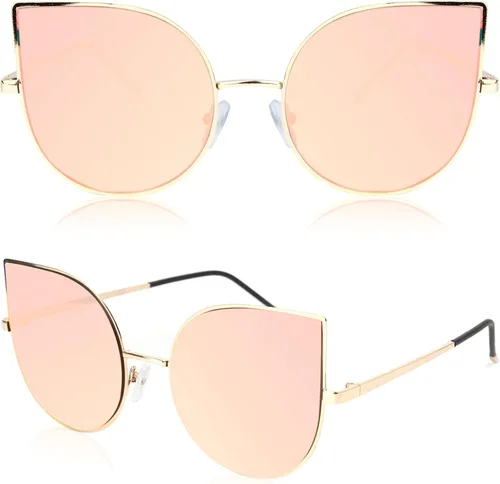 Miniatura 2 de SojoS SJ1022 anteojos de sol con lentes lisos y espejados con forma de ojos de gato, con marco de metal liviano y ultradelgado, para mujer