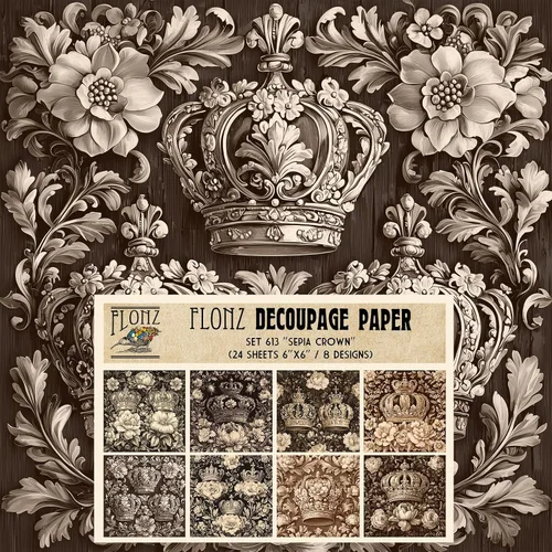 Flonz Sepia Crown Decoupage - Paquete de papel (24 hojas de 6 x 6 pulgadas), motivos de corona vintage en elegantes tonos sepia para decoupage