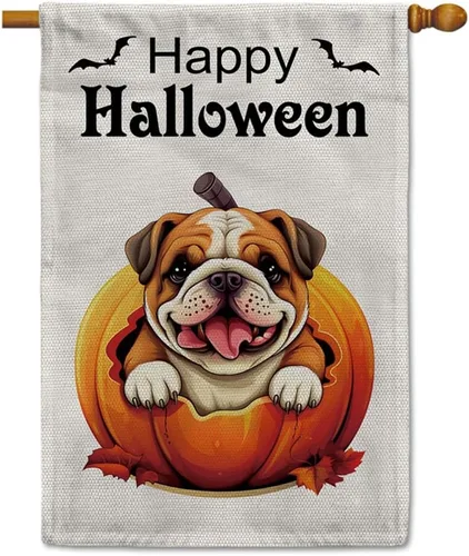 Miniatura 13 de Bandera de jardín de bulldog de Halloween de 12.5 x 18 pulgadas, vertical, doble cara, calabaza de Feliz Halloween, linda cachorro, decoración