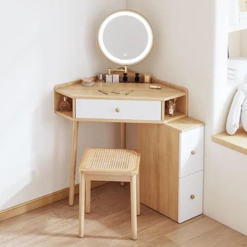 Miniatura 10 de Escritorio esquinero para dormitorio, juego de tocador blanco, con espejo de brillo ajustable, con 1 cajón y armario lateral, con estantes