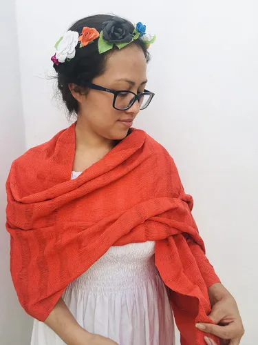 Miniatura 3 de Typical Mexican orange Rebozo 2.4 meters 95 inches (including fringes) modelo deshilado