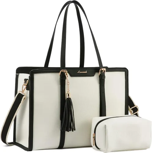 Miniatura 15 de LOVEVOOK Bolsa para laptop para mujer, bolsa de lona ligera de 15.6 pulgadas, bolsa grande para computadora, con bolso de mano, para negocios, Beige