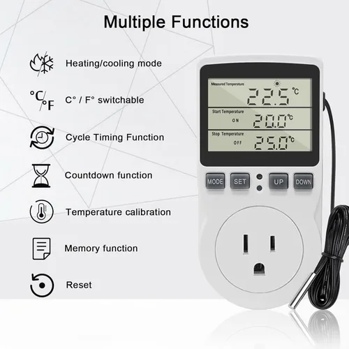 Miniatura 2 de KETOTEK Enchufe de termostato digital, controlador de temperatura de toma de salida 120V, control de calefacción y enfriamiento 110V 15A, pantalla