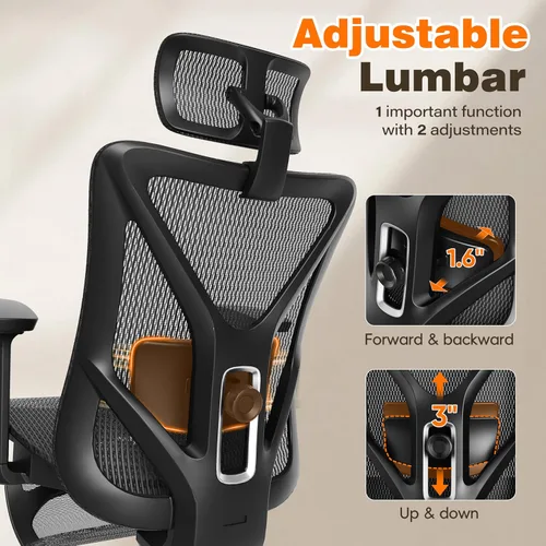 Miniatura 3 de GABRYLLY Silla de oficina ergonómica con reposapiés, silla de escritorio reclinable de 135° con soporte lumbar ajustable, reposabrazos 3D, Negro