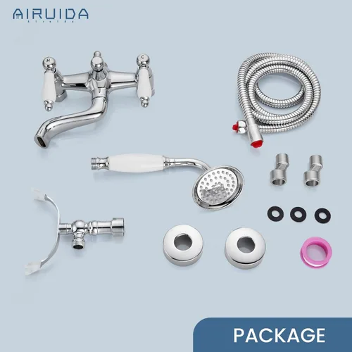 Miniatura 8 de Airuida Grifo de bañera de montaje en pared con pulverizador de mano para teléfono, mezclador doble de calor y frío, manijas de palanca, juego