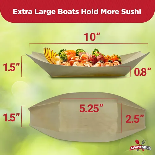 Miniatura 5 de Paquete de 25 botes de sushi biodegradables extra grandes de 10 pulgadas. Platos de aperitivo 100% desechables. Bandejas de alimentos de madera