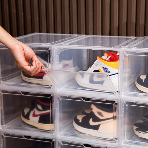 Miniatura 6 de HIYOHIYO Cajas de zapatos apilables de plástico transparente tamaño 14, contenedores magnéticos para zapatos, caja de almacenamiento plegable