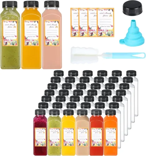 Miniatura 8 de Dabacc Botellas de jugo, 45 piezas de 8 onzas de botellas de plástico con tapas herméticas reutilizables, contenedores de agua transparentes vacíos