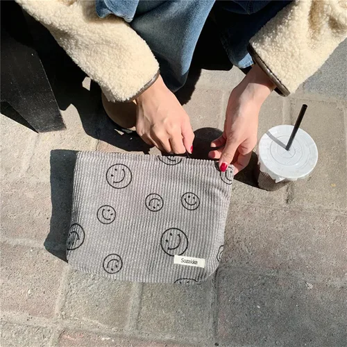 Miniatura 3 de Bolsas de cosméticos para mujer, bolsa de cosméticos de pana, bolsos estéticos para mujer, bolsos de mano con puntos sonrientes, organizador