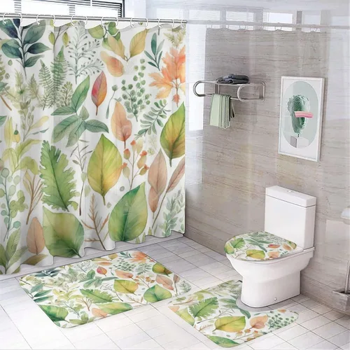 Miniatura 9 de Juego de 4 cortinas de ducha con alfombras, juego de baño con cortina de ducha y alfombras, 4 piezas, flores femeninas, lila, rosa, rubor, verde