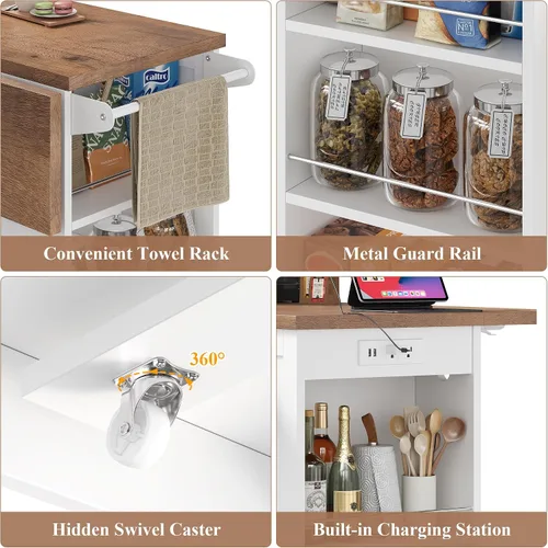 Miniatura 8 de Keyluv Isla de almacenamiento de cocina con 2 taburetes, carrito de cocina móvil de 51.2 pulgadas con hoja de caída y toma de corriente, mesa