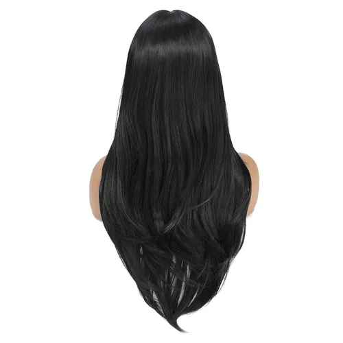 Miniatura 2 de SWACC Peluca de pelo sintético con flequillo largo en capas para mujeres con gorra de peluca (negro)