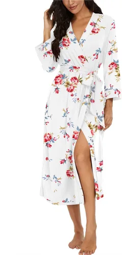 VINTATRE Bata tipo kimono para mujer, bata larga de punto, ligera, suave, ropa de dormir con cuello en V, casual, ropa de descanso para mujer