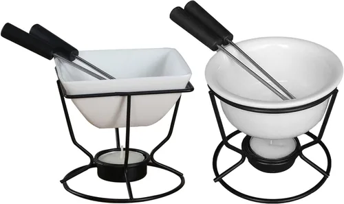Juego de fondue de mariscos personales de cerámica con vela de estante, dos tenedores, utilizado para salsa derretida mantiene el calor