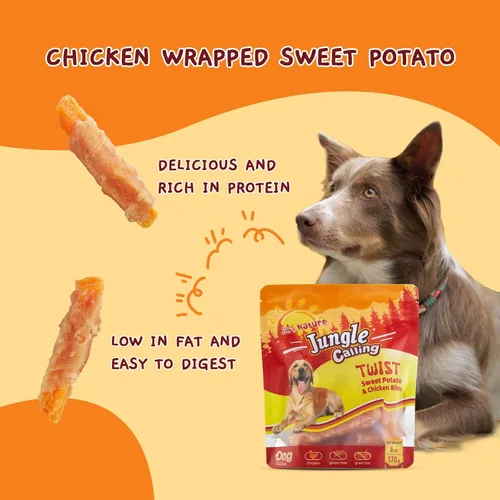 Miniatura 6 de Jungle Calling Golosinas para perros, batata envuelta en pollo sin piel, sin gluten y granos, mordeduras masticables para una nutrición equilibrada