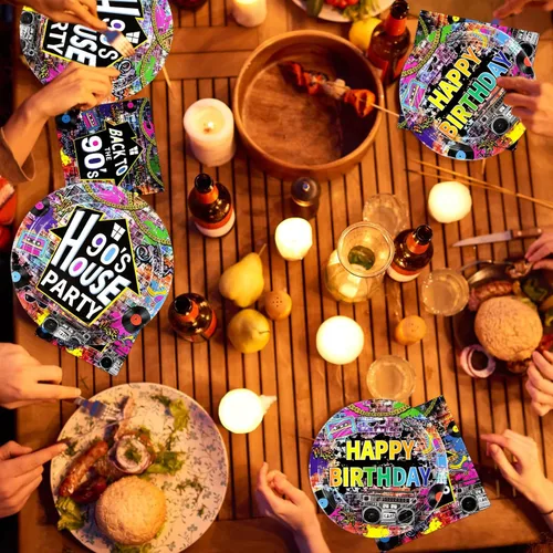 Miniatura 8 de 96 piezas de suministros desechables para fiesta de los 90 de estilo casa, platos de papel y servilletas de fiesta de los 90 con grafiti retro
