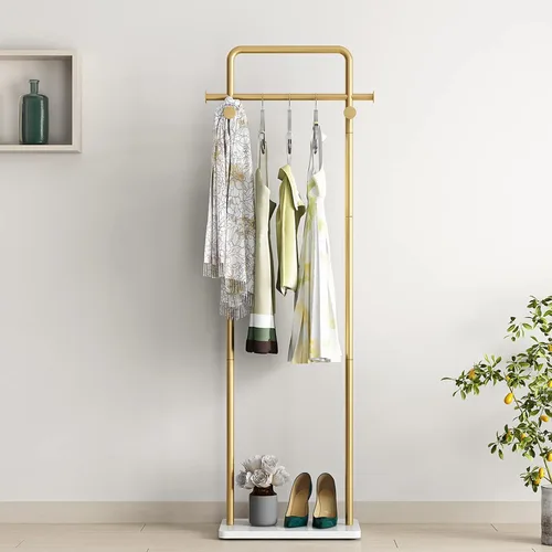 Miniatura 2 de TIEOU Percheros dorados con estante, percheros dorados resistentes para boutiques, perchero de metal independiente para colgar ropa, perchero Dorado