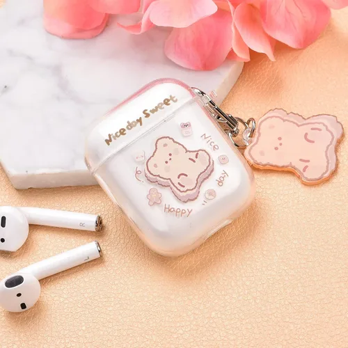 Miniatura 6 de Funda transparente para AirPods con llavero de oso, diseño de oso de dibujos animados, funda protectora completa de silicona compatible con AirPod 2