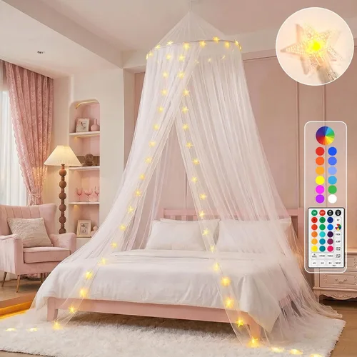 Obrecis Toldo de Cama con Luces LED en Forma de Estrella, Cortina de Cama de Princesa con Luces de Cadena de 18 Colores Cambiantes, Temporizador