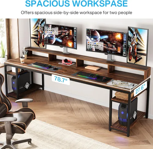 Miniatura 3 de Tribesigns Escritorio para Dos Personas con Soporte para Monitor, Escritorio de Oficina Doble para Computadora de 78.74" de Largo con Estantes